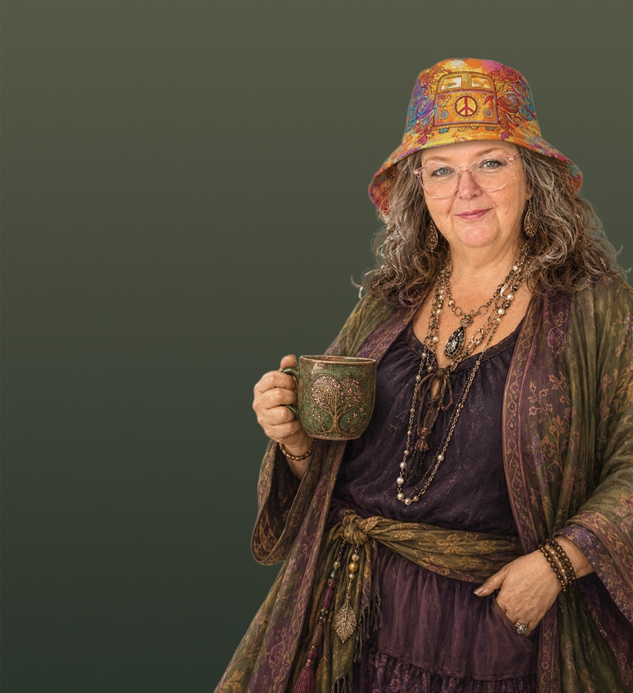 Robin, G-Ma, in a peace-sign bucket hat holding a mug of tea